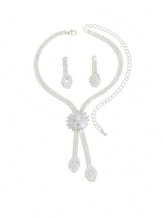 3 st/set vattendroppar ihåliga design brudklänning med kristallhalsband för kvinnor, lyxigt smyckeset lämpligt för bröllop, födelsedagspresenter och fester.