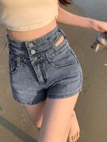 New Y2K Style Solid Color Hollow-Out High Waist Women Denim Shorts Casual Summer - Blue - View 5
