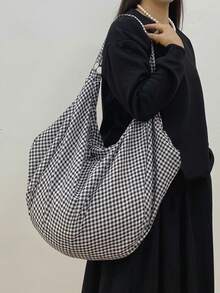 大容量格子图案单肩包，女士斜挎包，休闲百搭手提包，适合工作、学习、旅行 - 黑與白 - 查看 11