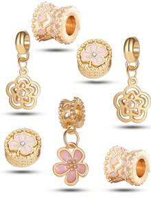 7pcs Gold & Pink Floral Beaded Bracelet, Necklace, Pendant Set, Suitable As Gift For Friends - Gold - View 1