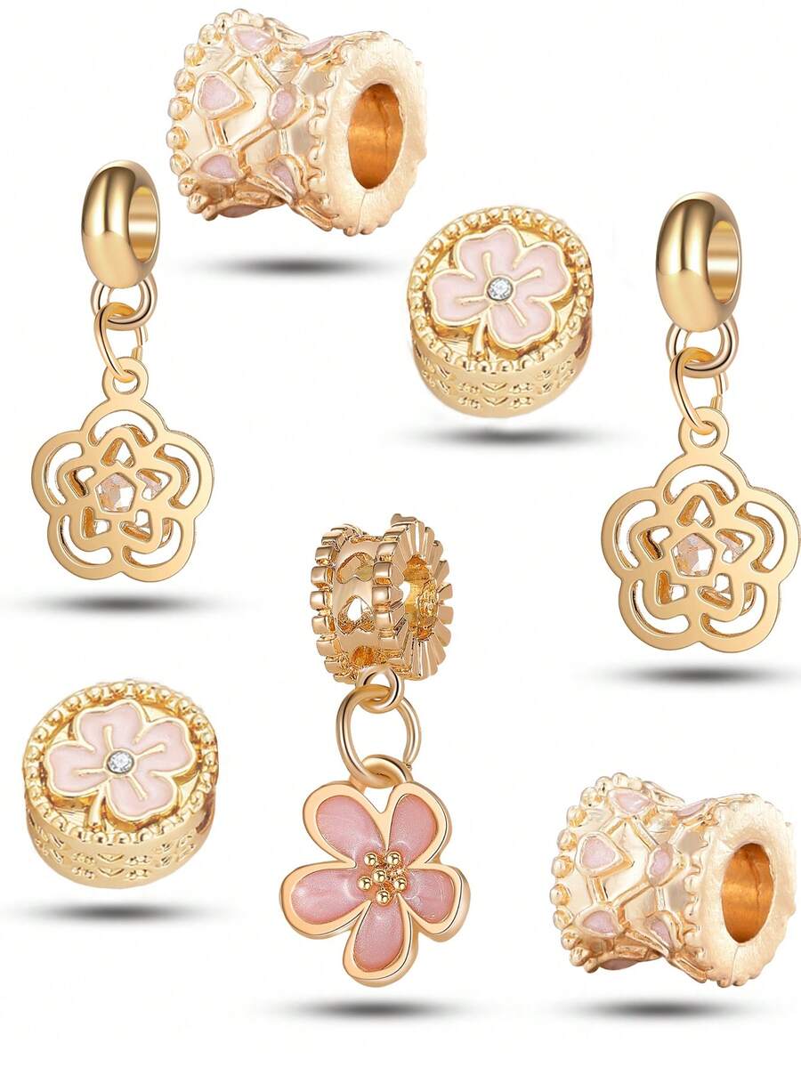 7pcs Gold & Pink Floral Beaded Bracelet, Necklace, Pendant Set, Suitable As Gift For Friends - Gold - View 1