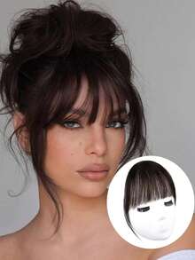 升级版轻盈法式刘海真发夹式接发，适合女性日常佩戴，自然黑色带鬓角刘海