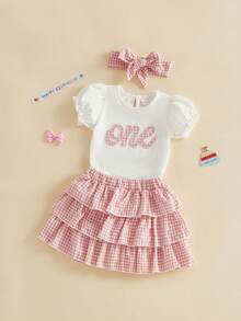 3Pcs Baby Girl 1st Birthday Outfit One Birth Letters Embroidery Bubble Short Sleeve Romper Bodysuit And Tiered Layered Tutu Skirt Plaid Princess Dress And Headband - 粉色 - 查看 3