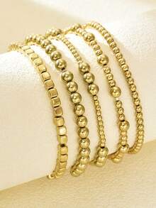 HOTNICE 5pcs/Set Fashionable Elastic Beaded Bracelet Set For Women, Suitable For Layering And Accessorizing - Gold - View 3