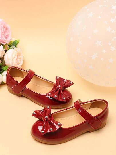 1 Pair Girls' Comfortable Versatile Flat Shoes With Bow, Rivet, Hook And Loop, Princess Shoes, Shoes