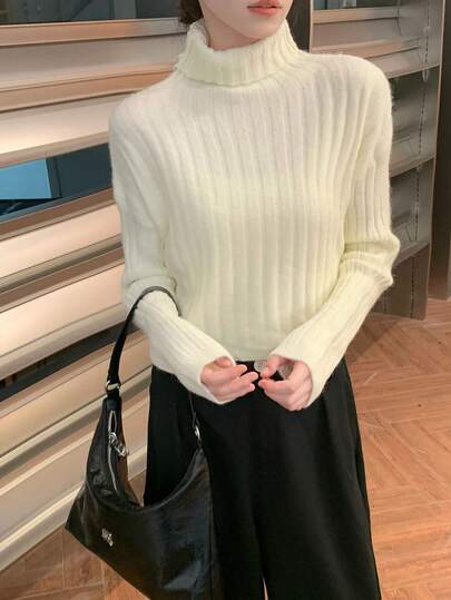 女士高领套头毛衣，罗纹设计，宽松版型，加厚，短款，秋冬款