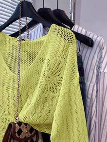 Vintage Soft V-Neck Hollow Out Beach Cover Up, Loose Casual Sunscreen Top, Spring/Summer 2026 New Arrival Vacation - Yellow - View 6