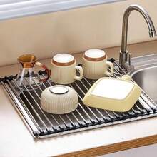 gjgfhFÁCILandVIVIR Coladores de Cocina Escurridor de Trastes de Acero Inoxidable Plegable para sobre Fregadero Alimentos Frutas Verduras Utensilios de Cocina Multifuncionalesbnvng - Gris - Ver 3
