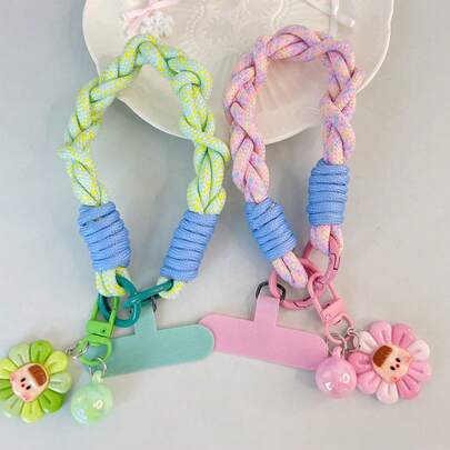 1 chiếc dây đeo cổ tay bện hình hoa hướng dương và trái tim nhiều màu sắc, phù hợp với nhiều loại ốp điện thoại, phụ kiện điện thoại, móc khóa di động, tai nghe, mặt dây chuyền hoạt hình dễ thương, dành cho nữ.