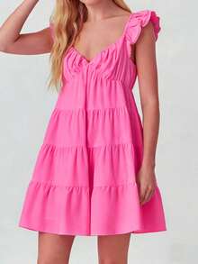 Womens Summer Tiered Solid Color Dresses Casual Boho Smocked Ruffle Sun Beach Babydoll Mini Dresses Flutter Sleeve Layered Flowy Swing Dress Deep V Neck High Waist Swing Tunic Dresses  A-Line Short Dresses For Daily Party Club Going Out Dresses - Hồng - Xem 2