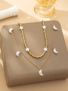 2件套仿珍珠星月吊坠，可叠戴，波西米亚风串珠腰链，适合度假、节日佩戴