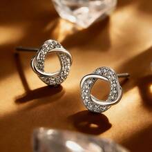 1 Pair S925 Sterling Silver Geometric Wrap Design Stud Earrings With Synthetic Zirconia, Elegant Luxury Jewelry Gift For Her - Silver - View 1