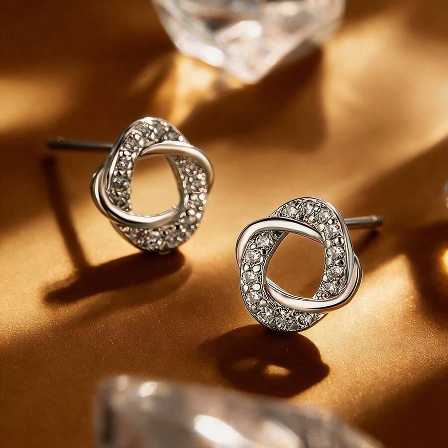 1 Pair S925 Sterling Silver Geometric Wrap Design Stud Earrings With Synthetic Zirconia, Elegant Luxury Jewelry Gift For Her - Silver - View 1