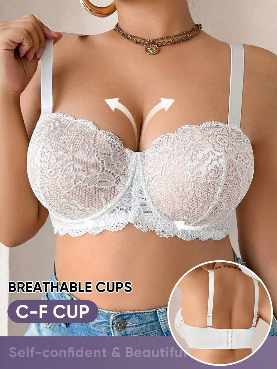 MEIYATING Plus Size Women Floral Lace Soft Breathable Full Coverage Non-Sagging Bra