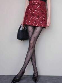 1 Pair New Arrival High-End Jacquard Pantyhose, Grid Stripe Sexy Sweet Sheer Black Tights - Romantic Date, Daily & Evening Party Wear - Black - View 9