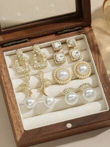 5对简约水钻几何蝴蝶结仿珍珠耳环，优雅法式设计耳环套装，适合女士日常及节日佩戴