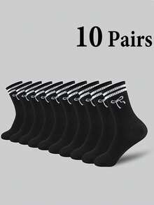 1/5/10 Pairs New Bow Tie Mid-Calf Socks, Thick Mid-Calf Socks With Striped Bow Tie Design, Suitable For Various Outfits, Unisex Couple Mid-Calf Socks