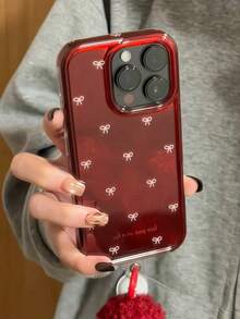 Bow-Knot New Year's INS Burgundy Minimalist Bow Compatible With IPhone 17 Pro Max, 16 Pro, 15, 14 Pro Phone Case With Furball Pendant, Double-Layer Anti-Drop Phone Cover - Red - View 3