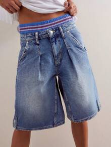 时尚复古蓝色女士牛仔短裤，春夏设计，褶裥裤脚和口袋，休闲宽松直筒中长款牛仔短裤 - 藍色 - 查看 3