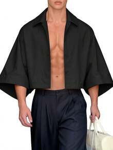 Fashion Mens Buttons 3/4 Sleeve Casual Loose Blouse Summer Holiday Party Shirt Short Tops - 黑色 - 查看 3