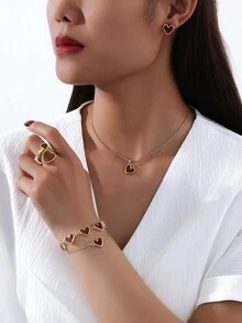 1 Brown Heart Pendant Necklace, 1 Pair Earrings, 1 Ring, 2 Bracelets Women Jewelry Set For Valentine's Day - Brown - View 4