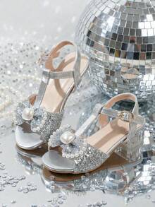 1 Pair Girls' Dreamy Crystal Chunky Heel Sandals, Round Toe Open Toe, Silver Glitter Princess Style High Heels With Bow & Rhinestone, Suitable For Parties, Gatherings, Performances - Silver - View 2