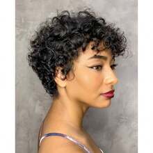 DPixie Cut Curly Wave Wigs For Black Women Short Human Hair Wigs With Bangs No Glue Curly Human Hair Wig For Daily And Party Use - 1b - View 3