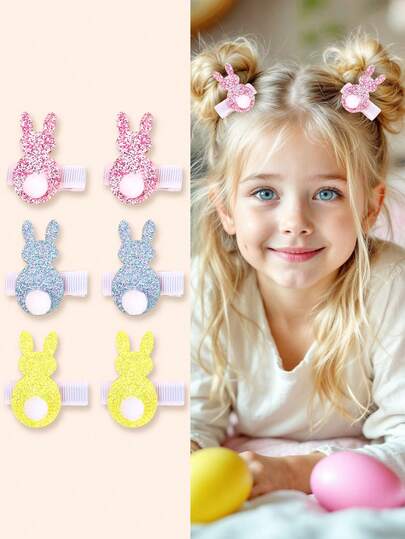 6个装复活节黄色发夹，闪亮复活节兔子发夹，复活节兔子发卡，时尚复活节兔子发饰，女孩派对复活节礼物