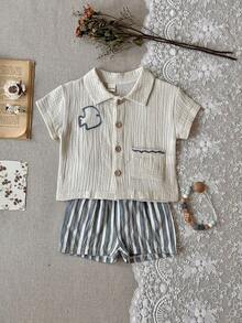 2pcs/Set Baby Boy Embroidered Fish Cotton Shirt + Striped Shorts, Spring/Summer - Apricot - View 7