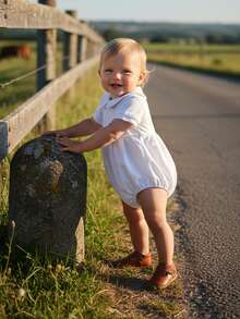Newborn Baby Girls Summer Romper White Trim Short Sleeve Doll Collar Bubble Jumpsuit Cute Bodysuit - trắng - Xem 3
