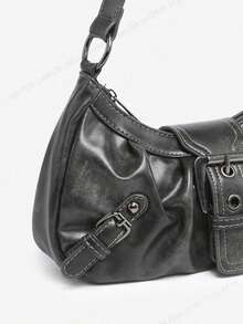 1pc Vintage Milady Softened Distressed Leather Motorcycle Bag With Rivet, Buckle And Folded Cloud Decoration; Suitable For Work, Commute, Dating, And Party - Xám - Xem 3