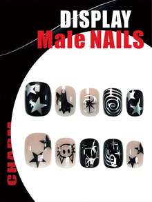 24片短方形按压式美甲，黑色，银色图案，可爱猫咪和星星设计，哥特朋克风格，亮面全覆盖，适合男士男孩日常佩戴假指甲 - 彩色 - 查看 3