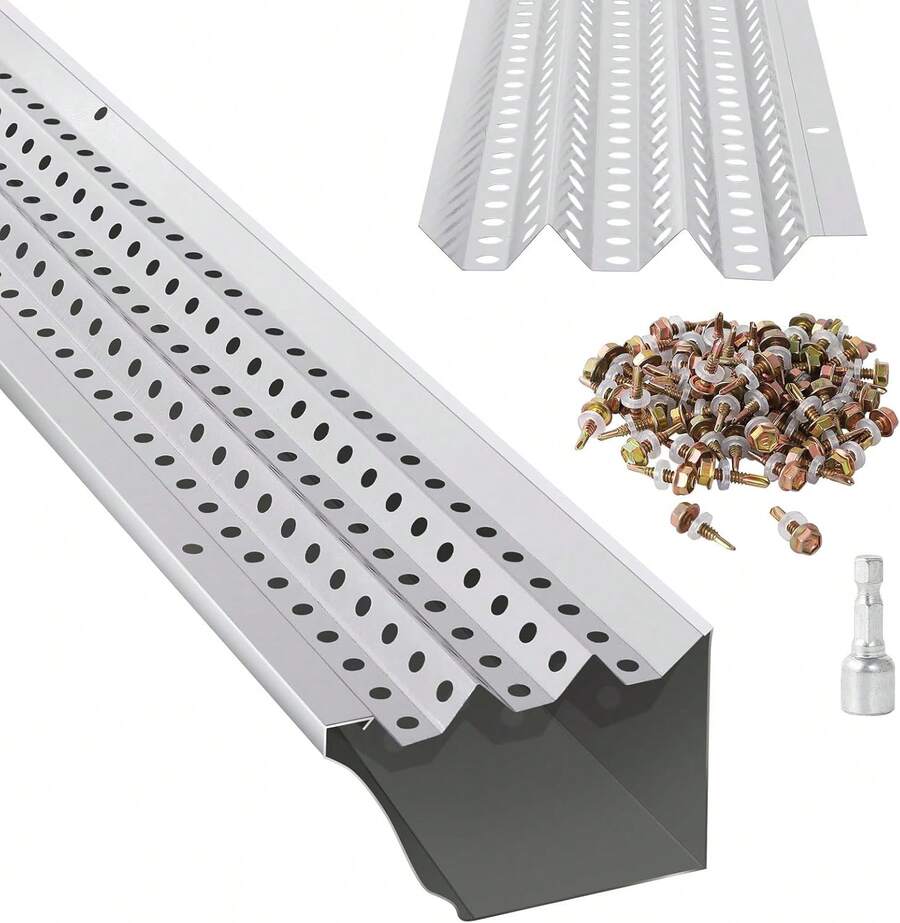 Protección de canalones de 5 pulgadas, 50ft/100ft/200ft, sistema de cubierta de canalón de aluminio de acabado de fábrica premium, resistente y libre de óxido, fácil instalación DIY para proteger los canalones del hogar de hojas y residuos - 100 pies - Ver 1