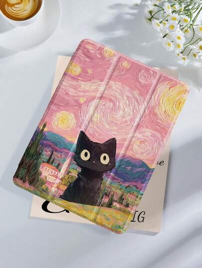 The Black Cat Under Van Gogh's Starry Sky Pattern Tablet Protective Case,Compatible With IPad 9.7/10.2/10.5/10.9/12.9/Pro 11, 10th Gen,Compatible With Samsung Galaxy Tab S6 Lite 10.4 Inch,Compatible With Kindle Paperwhite 12th Gen 2024,Kindle (11th Generation) 2022 Release,Soft Anti-Fall Protection,Smart Stand/Automatic Wake Up/Sleep