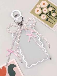 1pc Card Holder And 1pc Key Ring Transparent Creative Acrylic Card Holder Student Campus Card Meal Card Protective Cover Key Ring With Pearl Bow Keychain, Office Supplies, School Supplies, Home Supplies, Back To School Gift Photo Badge Holder Card Holder Wallet Business Card Holder Credit Card Holder - Multicolor - View 3