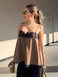 Áo camisole satin không tay, dây đeo điều chỉnh được, phối ren, viền ren tương phản, kiểu dáng thanh lịch cho nữ, dài vừa phải, thích hợp mặc mùa hè. - Màu nâu  Mocha - Xem 3