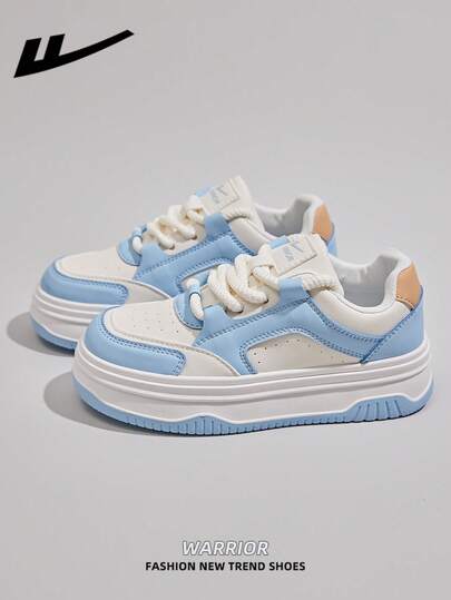  1 Pair WARRIOR Women's Thick Sole Lace-Up Soft Bottom Casual Shoes, Low-Top Outdoor Flat Shoes, Round Toe Low Heel Non-Slip Solid Color Elegant Soft Bottom Hiking Shoes, Suitable For Students, Graduation Photos, Flat Shoes, Low-Top Leather Sports Skateboard Shoes