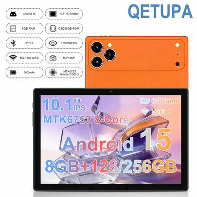 Qetupa Y40 平板电脑，2026 高端 10.1 英寸安卓 15 平板电脑，MTK6753 CPU，快速 8 核处理器，8GB RAM + 128GB/256 ROM（支持 1TB SD 卡），1280*800 高清 IPS 触摸屏，5MP+8MP 双摄像头，6000mAh 电池，802.11ax Wi-Fi6，GPS，优质铝合金机身 - 成人平板电脑，商务平板电脑，完美适用于圣诞节、万圣节、感恩节、周年纪念日、复活节和任何特殊日子。