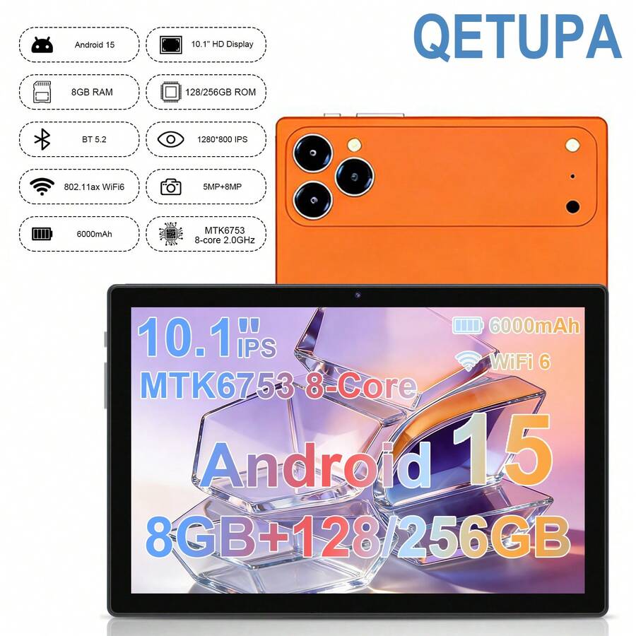 Qetupa Y40 平板电脑，2026 高端 10.1 英寸安卓 15 平板电脑，MTK6753 CPU，快速 8 核处理器，8GB RAM + 128GB/256 ROM（支持 1TB SD 卡），1280*800 高清 IPS 触摸屏，5MP+8MP 双摄像头，6000mAh 电池，802.11ax Wi-Fi6，GPS，优质铝合金机身 - 成人平板电脑，商务平板电脑，完美适用于圣诞节、万圣节、感恩节、周年纪念日、复活节和任何特殊日子。 - 橘色 - 查看 1