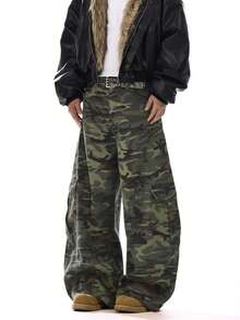 1pc Vintage American Brand Patchwork Men's Camouflage Cargo Pants, Loose Fit Comfortable Multi-Pocket Wide Leg Trousers (Belt And Accessories Not Included) - Coffee Brown - View 4