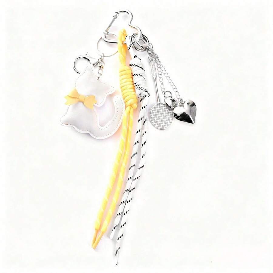 Cat Badminton Racket Keychain Creative Heart Rope Decorated Key Ring Car Pendant Bags Charms - White - View 1