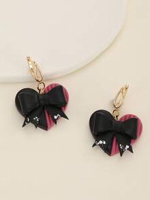 一对浪漫的黑粉色聚合物粘土水滴耳环，蝴蝶和心形几何拱形设计，纹理表面，金属环点缀，适合女性日常休闲、约会、派对佩戴，以及甜美别致风格爱好者。 - 黑粉蝴蝶結愛心多色 - 查看 15