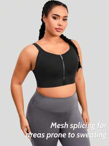 1pc Plus Size Women Sports Bra, Front Zipper Closure, Lift And Support, Casual Wear Black Summer - Black - View 3