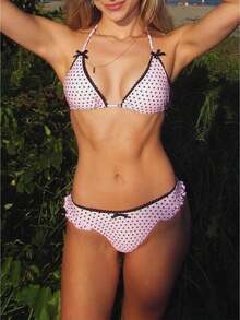 Women Polka Dot Bikini Sets Halter String Triangle Top Bottoms Ruffle Bathing Suit 2 Piece Swimwear - 粉色 - 查看 1