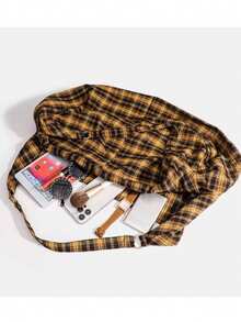 Túi đeo vai họa tiết kẻ caro dung tích lớn, Túi đeo chéo nữ, Túi tote đa năng thường ngày, Thích hợp đi làm, đi học, du lịch - trái cam - Xem 11