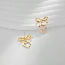 Gold Heart Dangle Earrings Women Ribbon Bow Dangle Earrings - Gold Hollowed Heart - View 4