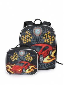 Kids' Fashion Backpack & Lunch Bag Set, Race Car Design, Classic Art Illustration, Adjustable Padded Shoulder Straps, Zipper Closure, Reusable Lunch Box, Suitable For Boys - Racing Car Square Dinner Bag Two-piece Set - View 7