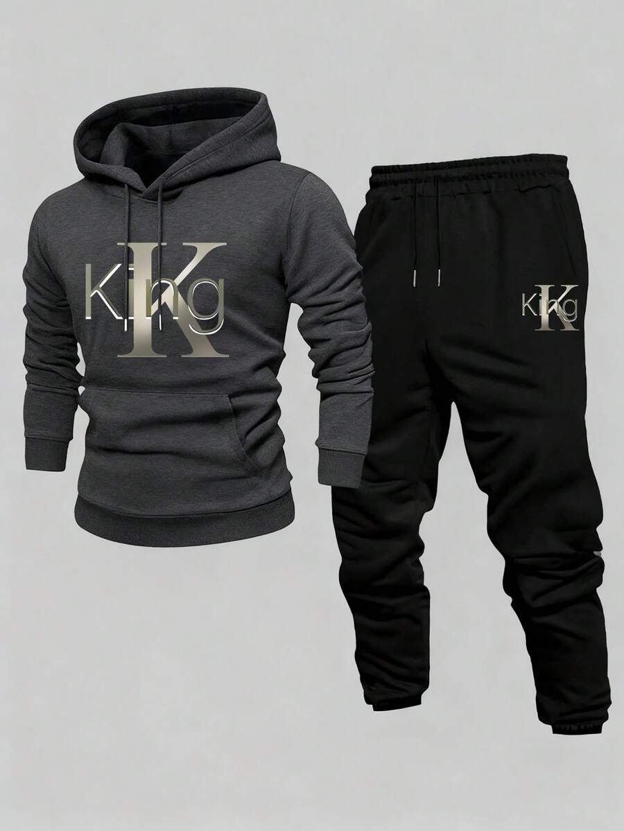 Men's Casual Fashionable Versatile K Letter Print Drawstring Hooded Loose Sweatsuit, Autumn/Winter - Dark Grey - View 1