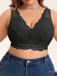 1pc Plus Size Women Embroidered Lace Deep V Wireless Comfortable Breathable Lingerie - Black - View 5
