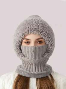 1pcs High Elasticity Solid Color Thick Windproof Warm Collar Warm Face Mask Integrated Men's And Women's Universal Winter Knitted Hat - Multicolor - View 6